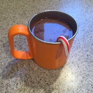 Kids orange mug with hot cocoa and miniature candy cane stirrer