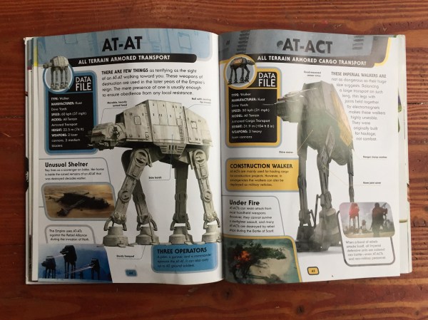 Star Wars Encyclopedia of Starfighters and Other Vehicles page spread with AT-AT and AT-ACT vehicles data files details