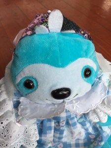 Creativity for Kids Weighted Sequined Pet Sloth blue wearing blue gingham doll dress