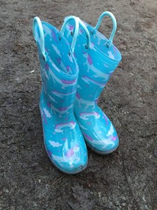 Norty light up rubber rain boots for kids in blue with unicorn and rainbow print