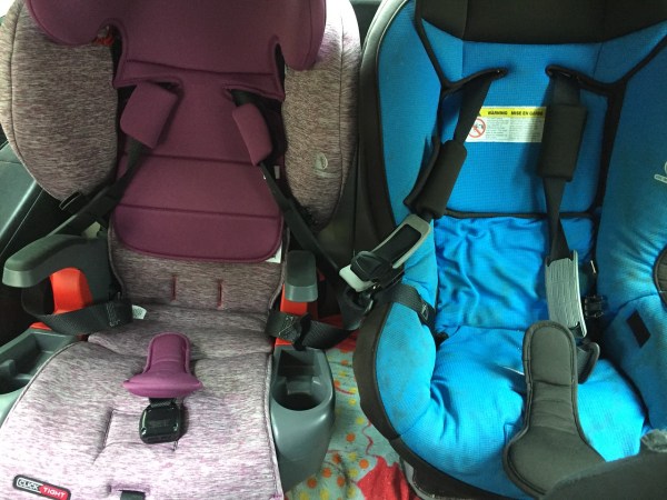 Britax Grow with Me in mulberry installed beside Britax Marathon in third row of Mazda5