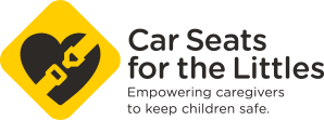 Car Seats for the Littles Logo seatbelt clicking over black heart on yellow background