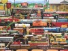 Train puzzle box lid photo with engines tanker cars, caboose, station and more
