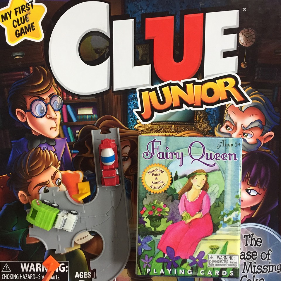 Clue Junior board game for kids Fairy Queen card game for kids and Driven Pocket series little garbage truck and cement mixer on road pieces
