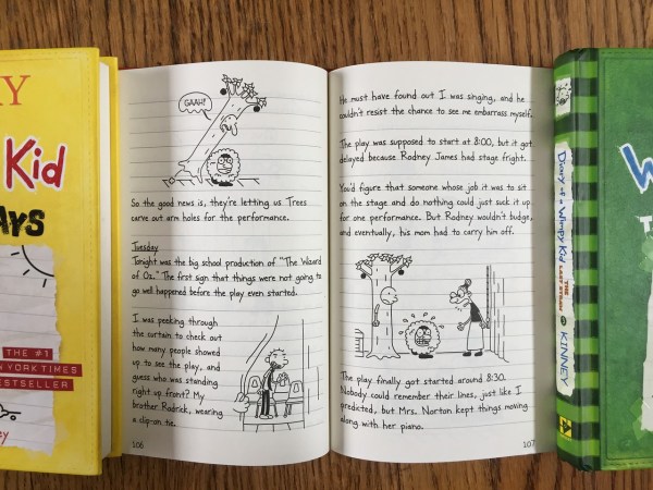 Diary of a Wimpy Kid by Jeff Hinley inside pages open book with handwritten font and cartoon illustrations