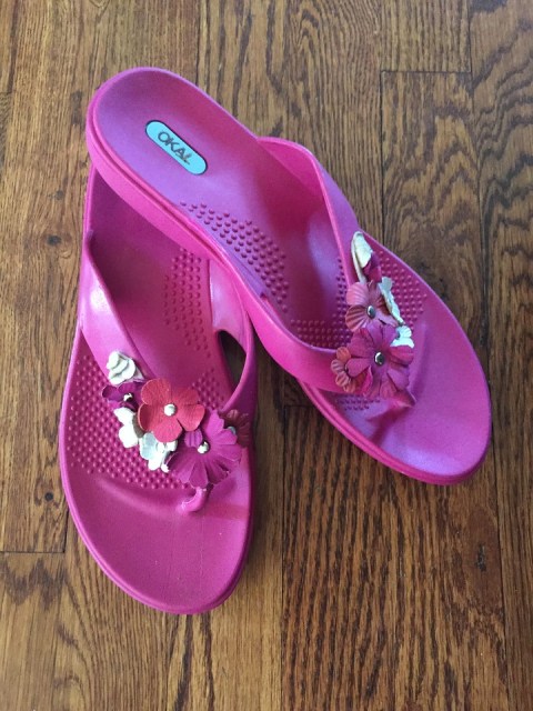 Oka B hot pink flip flop sandals with pink and white flowers on straps