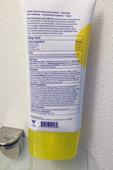 Supergoop! Everyday Play 50 SPF Lotion ingredients list back of container tube