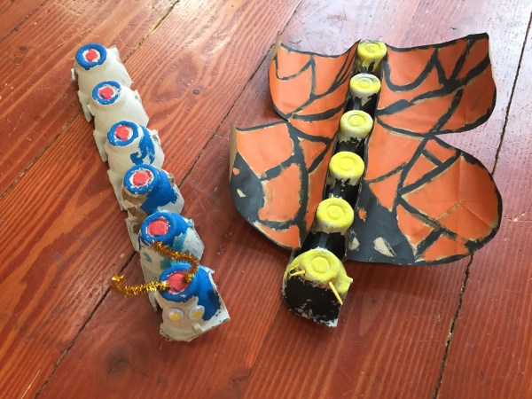 Caterpillar and butterfly made from egg cartons kid art project