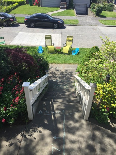 Lounge chairs set up on grass between sidewalk and street