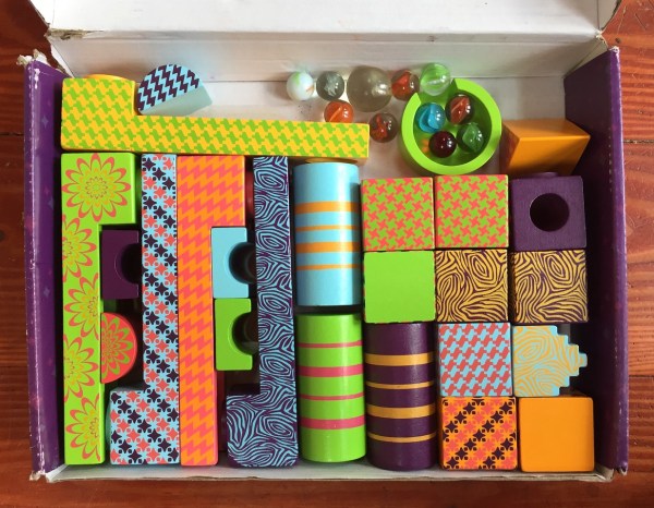 Mini marble mayhem blocks ramps marbles stored inside box by Imagination Generation