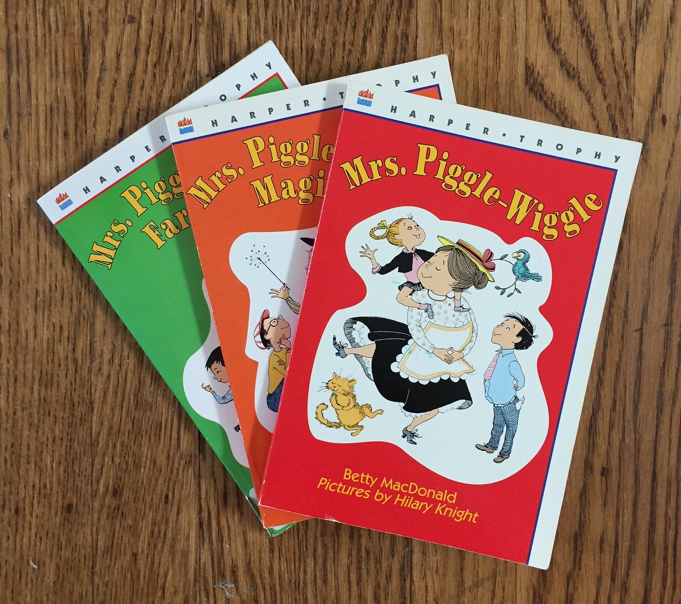 Mrs Piggle-Wiggle books by Betty MacDonald Mrs. Piggle-Wiggle's Magic and Farm red orange and green covers