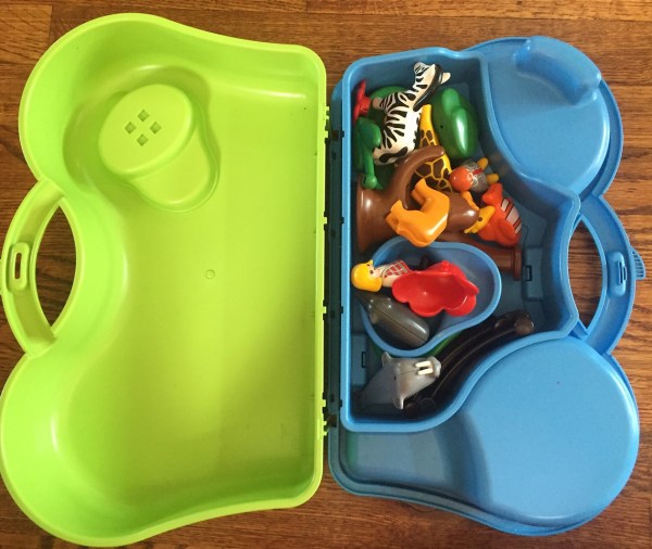 Playmobil 1.2.3. Take Along Zoo case shown open with animals and accessories stored inside