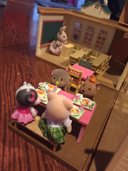 Calico Critters School Lunch Set with four critters at table for meal