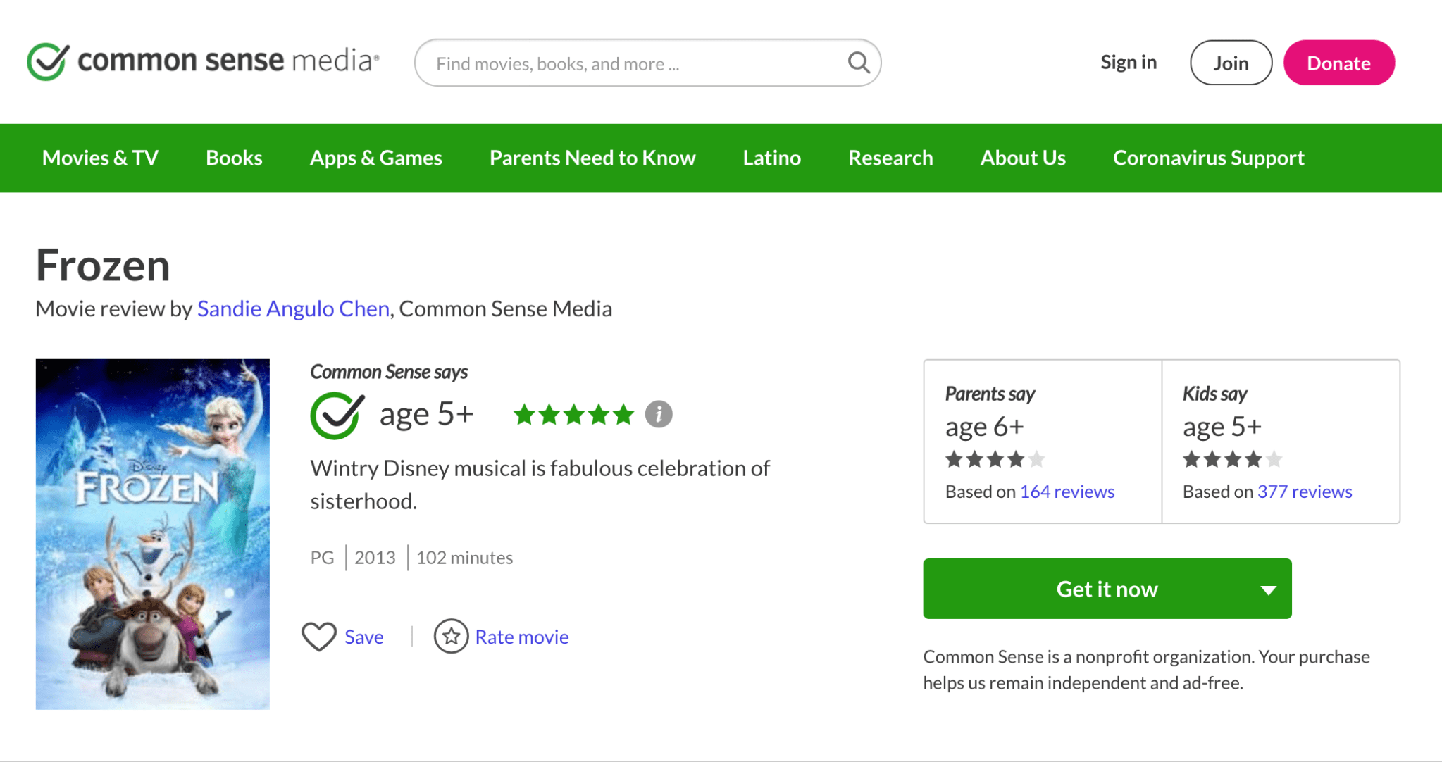 Common Sense Media screenshot for Frozen movie for kids