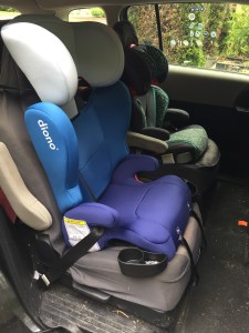 Diono Cambria 2 belt positioning booster car seat for kids installed in second row captain's chair of 2012 Mazda5