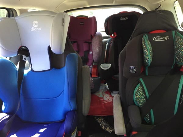 Diono Cambria 2, Graco Turbobooster, Graco Nautilus 80 Elite, and Britax Grow with You highback boosters installed in two rows of 2012 Mazda5
