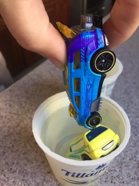 Hot Wheels Color Shifters car half blue and half purple after dunking in cold water