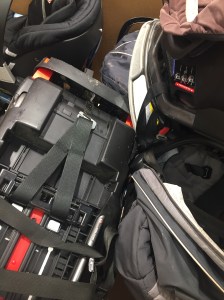 Car seats jumbled in pile at Target trade in event