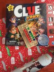 Clue Junior football peg game and reversible wrapping paper Santa and gift tags silver and red