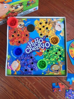 Hi Ho! Cherry-O board game for preschoolers with cardboard printed trees for cherries, oranges, blueberries, and green apples