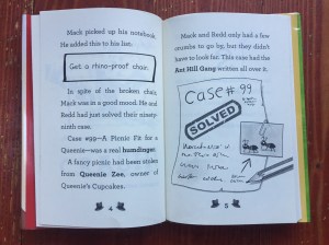 page spread from Mack Rhino Private Eye The Big Race Lace Case chapter book for kids by Paul Dubois Jacobs