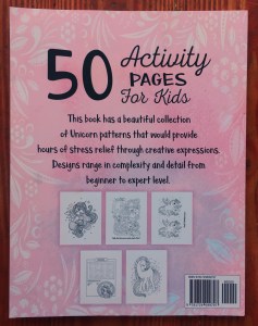 Unicorn Activity Book for kids back cover with sample pages of coloring, word search, maze, and dot to dot activities