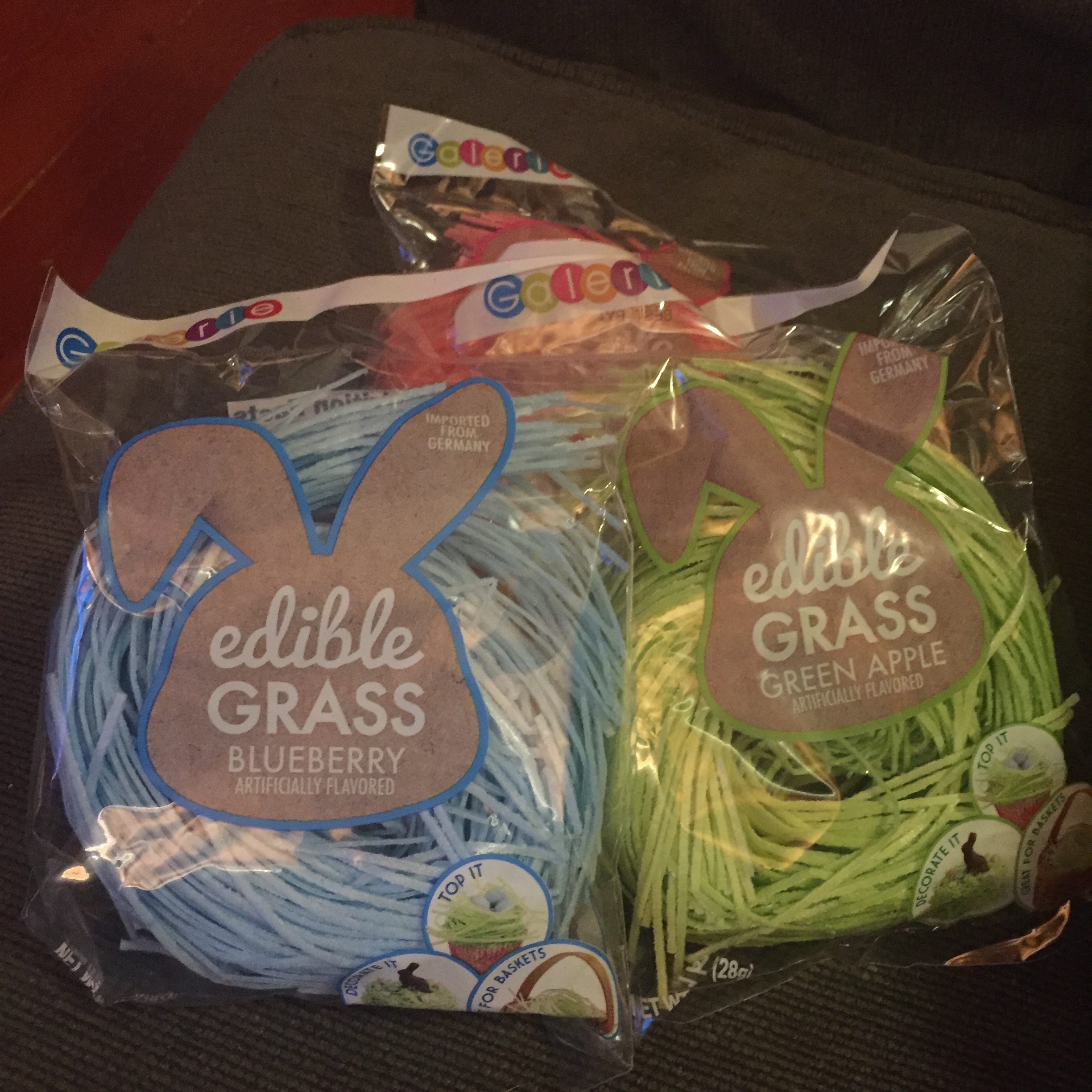 Edible Easter grass in blue, green. and pink colors blueberry green apple and strawberry flavors