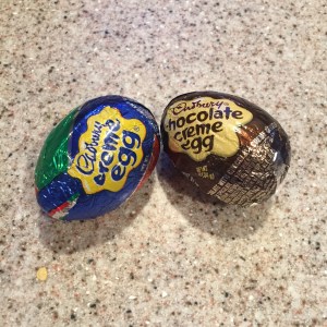 Cadbury Creme Egg and chocolate creme egg on countertop