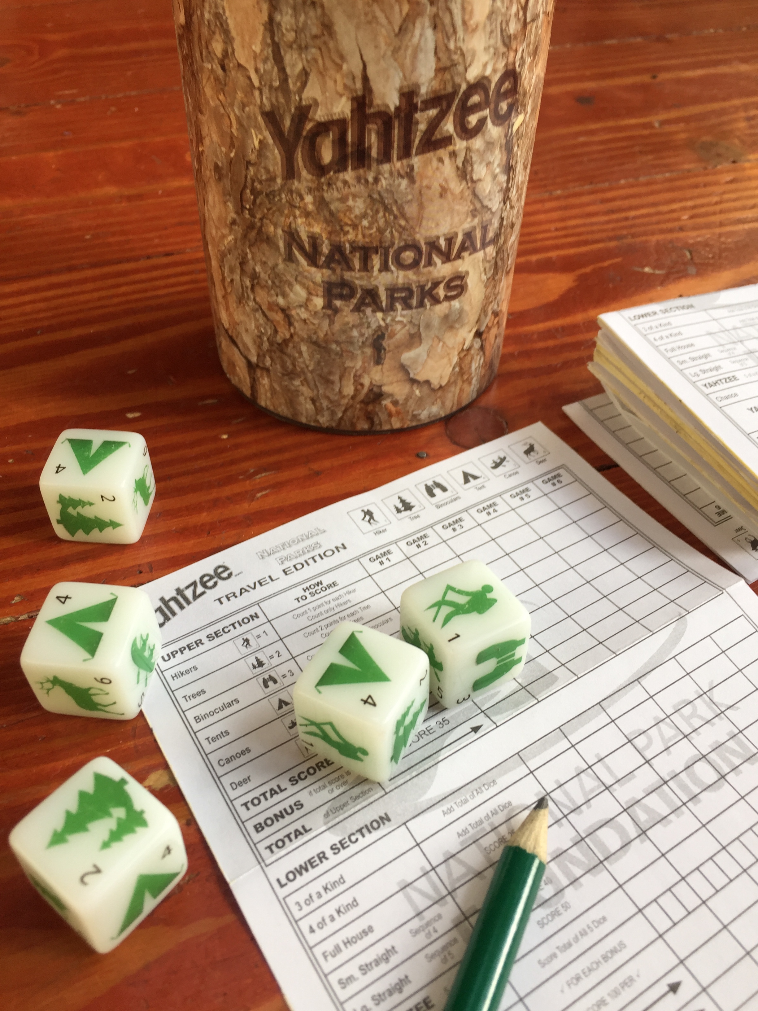 Yahtzee family dice game National Parks edition with shaker, dice, pencil, and scoring sheet