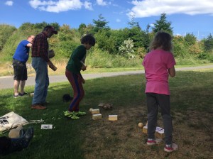 People wide age range kids and adults playing Kingdoms Lawn Game in shade on sunny day