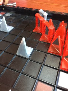 Khet Laser Chess game set up with mirrored pieces
