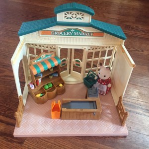 Calico Critter Grocery Market set up with bunny shopping