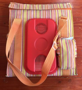 Dometic striped orange red yellow plug in 12 volt cooler bag folded