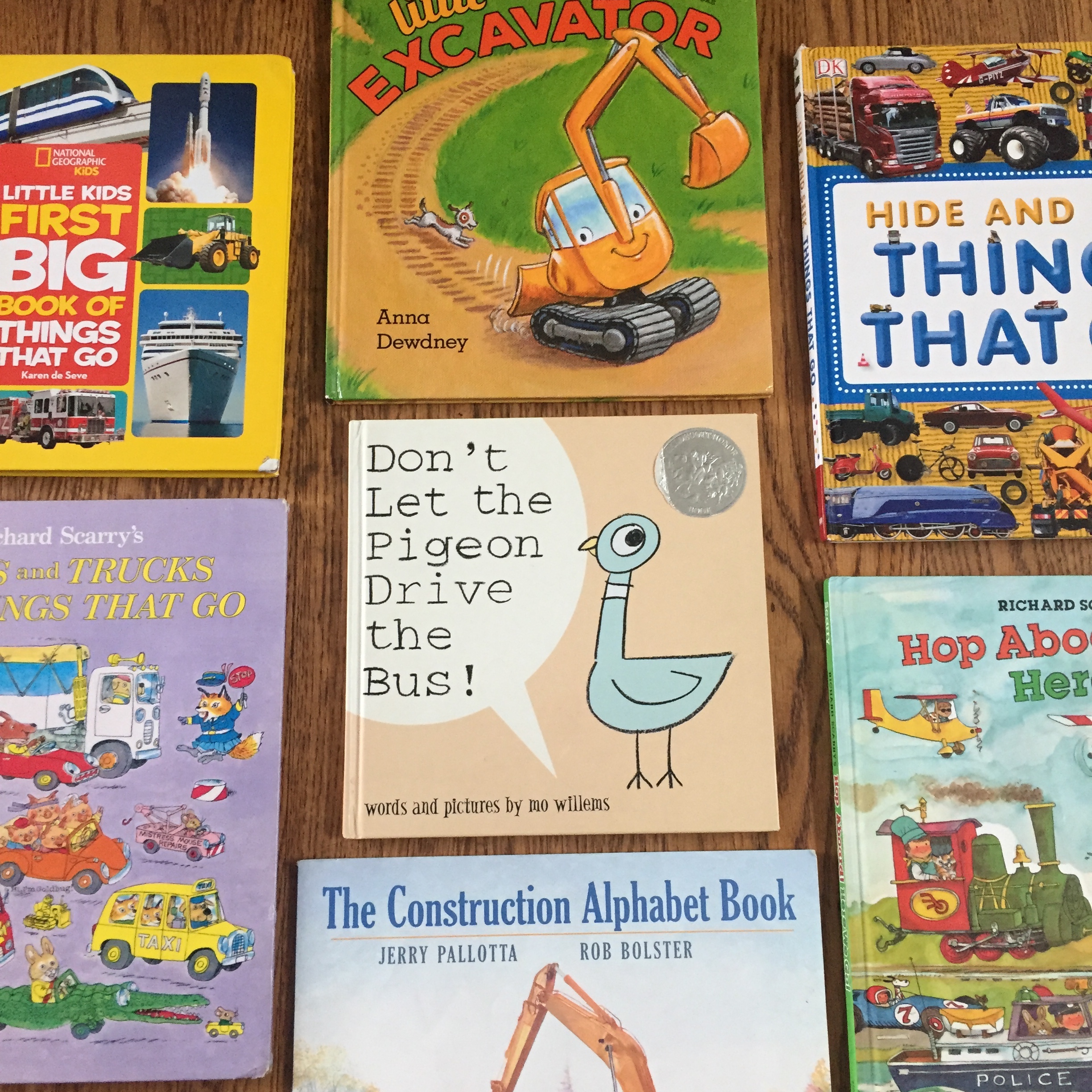 Vehicle picture books for kids Little Big First Big Book of Things That Go, Cars and Trucks and Things That Go, Little Excavator, Don't Let the Pigeon Drive the Bus, The Construction Alphabet Book, Hide and Seek Things That Go, Hop Aboard, Here We Go