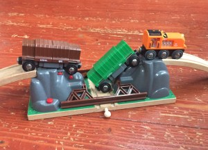 Brio Collapsing train bridge with crashed freight train toy box cars and orange engine 