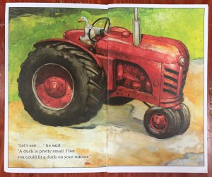 Duck on a tractor page illustration from How Many Animals Fit on My Tractor? book by David Shannon