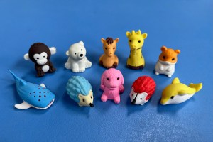 Animal erasers puzzle for kids whale shark, monkey, hedgehog, polar bear, puppy dog, giraffe, horse, hamster, and dolphin in bright colors