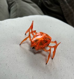 Hexbug Scarab in orange on white pillow