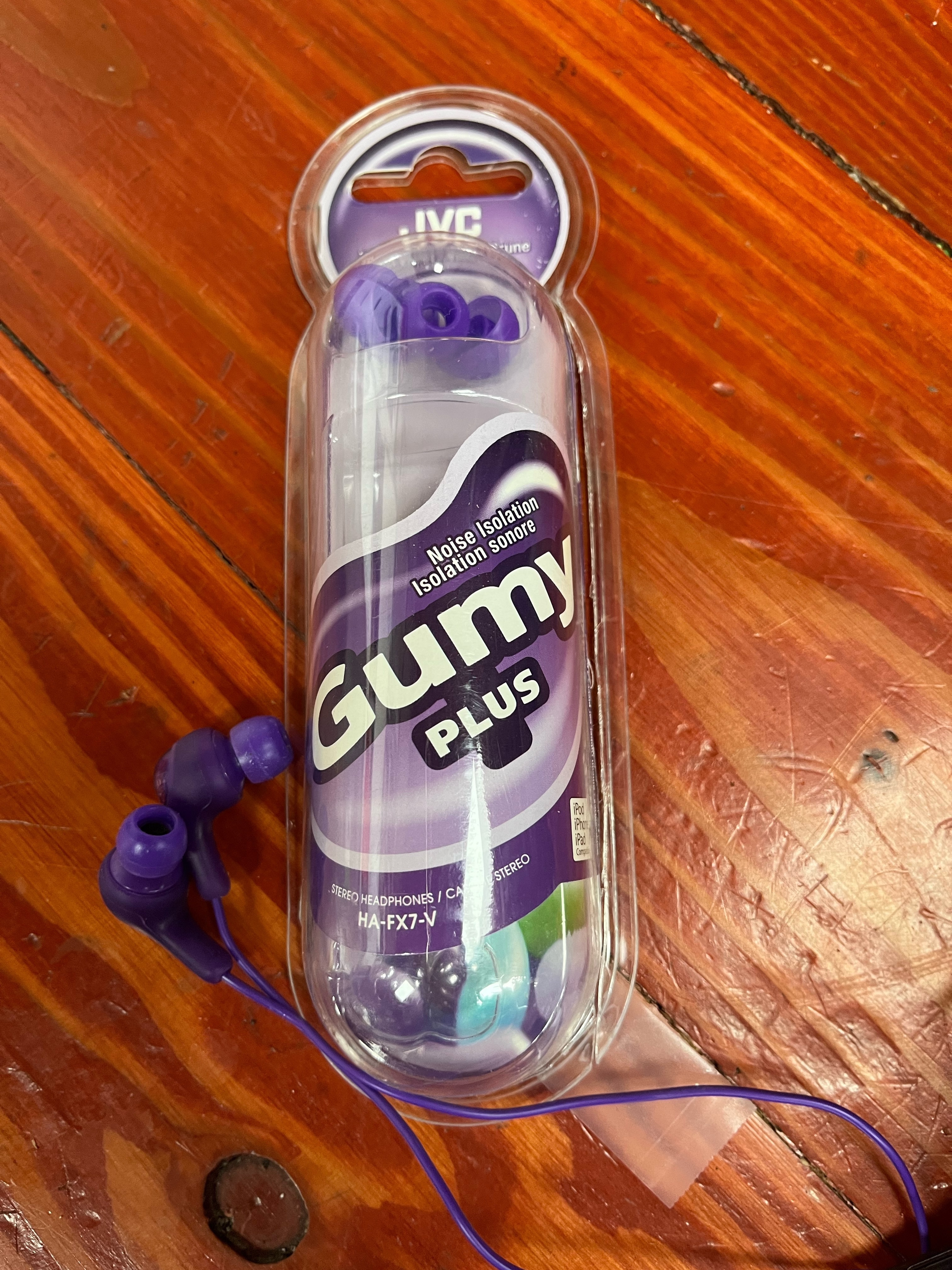 JVC Gummy Earbuds in purple with package