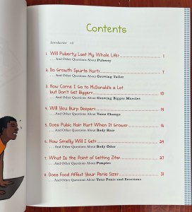 Table of contents for boys side of Will Puberty Last My Whole Life? book