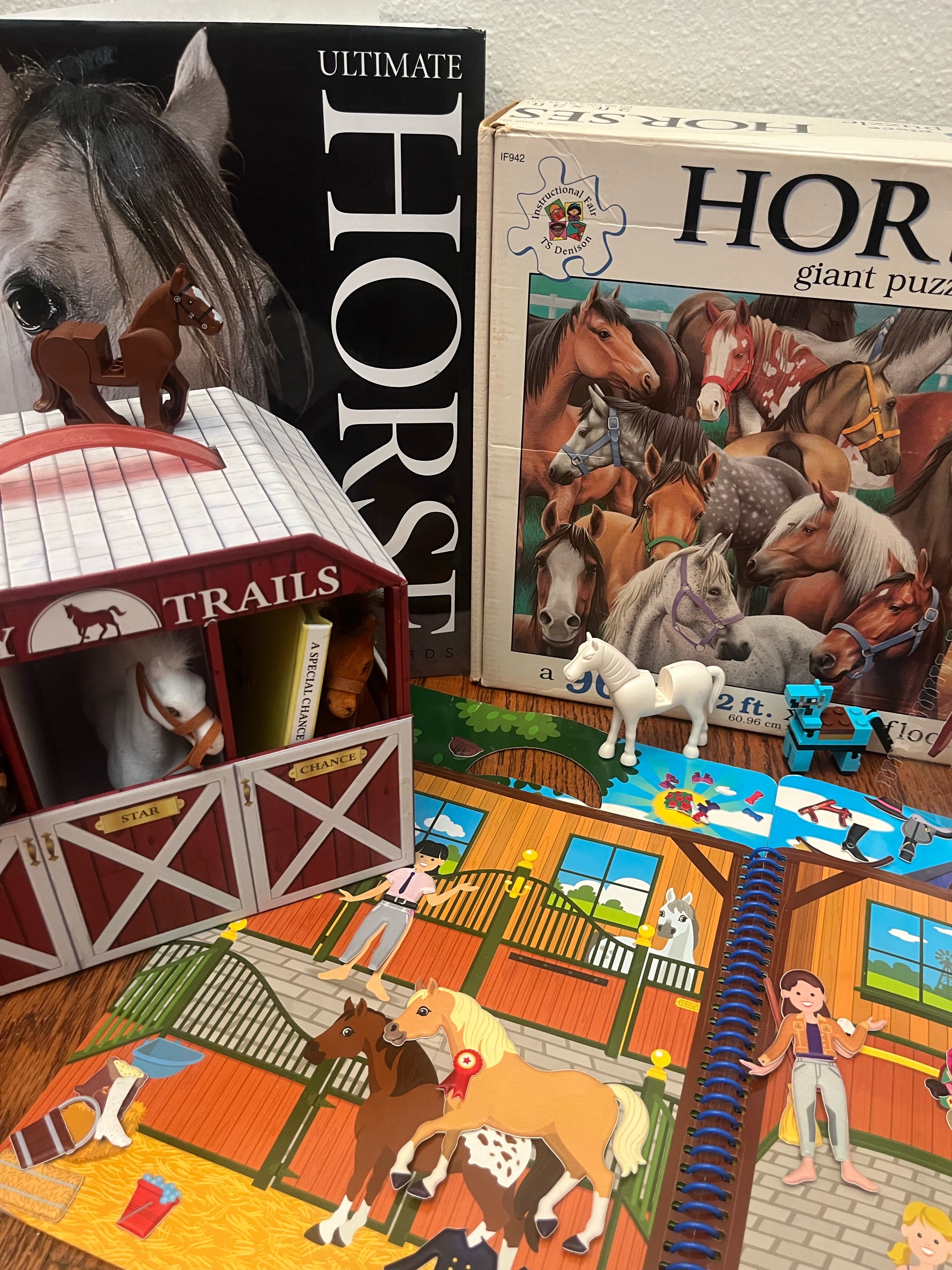 Sunny Trails Farm set, Horse floor puzzle, Ultimate Horse Book, Melissa & Doug puffy sticker activity book horse theme, LEGO horses
