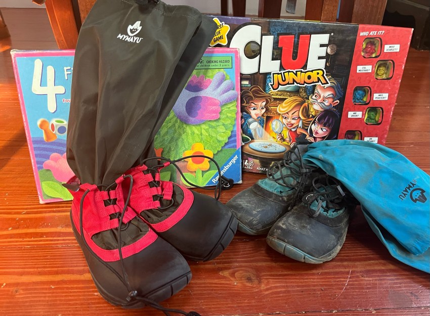 Ravensburger Four First Games in One Box Clue Junion board game for kids, Mymayu rain boots for kids in blue and red
