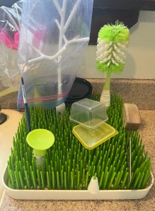 Boon Grass drying rack for dishes and bottles with knife, cake decorating tip, brush