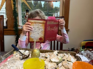 Child reading excavation guide from Dig It Up! Discoveries Dragon Egg from MindWare