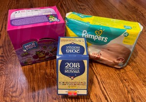 Moji Pops blind bag toys for kids, Pampers preemie diapers for baby dolls, 2018 FIFA World Cup Stickers for sticker book
