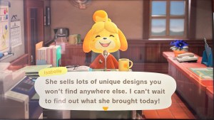 Isabelle from Nintendo Switch Animal Crossing video game with text bubble for kids to practice reading out loud