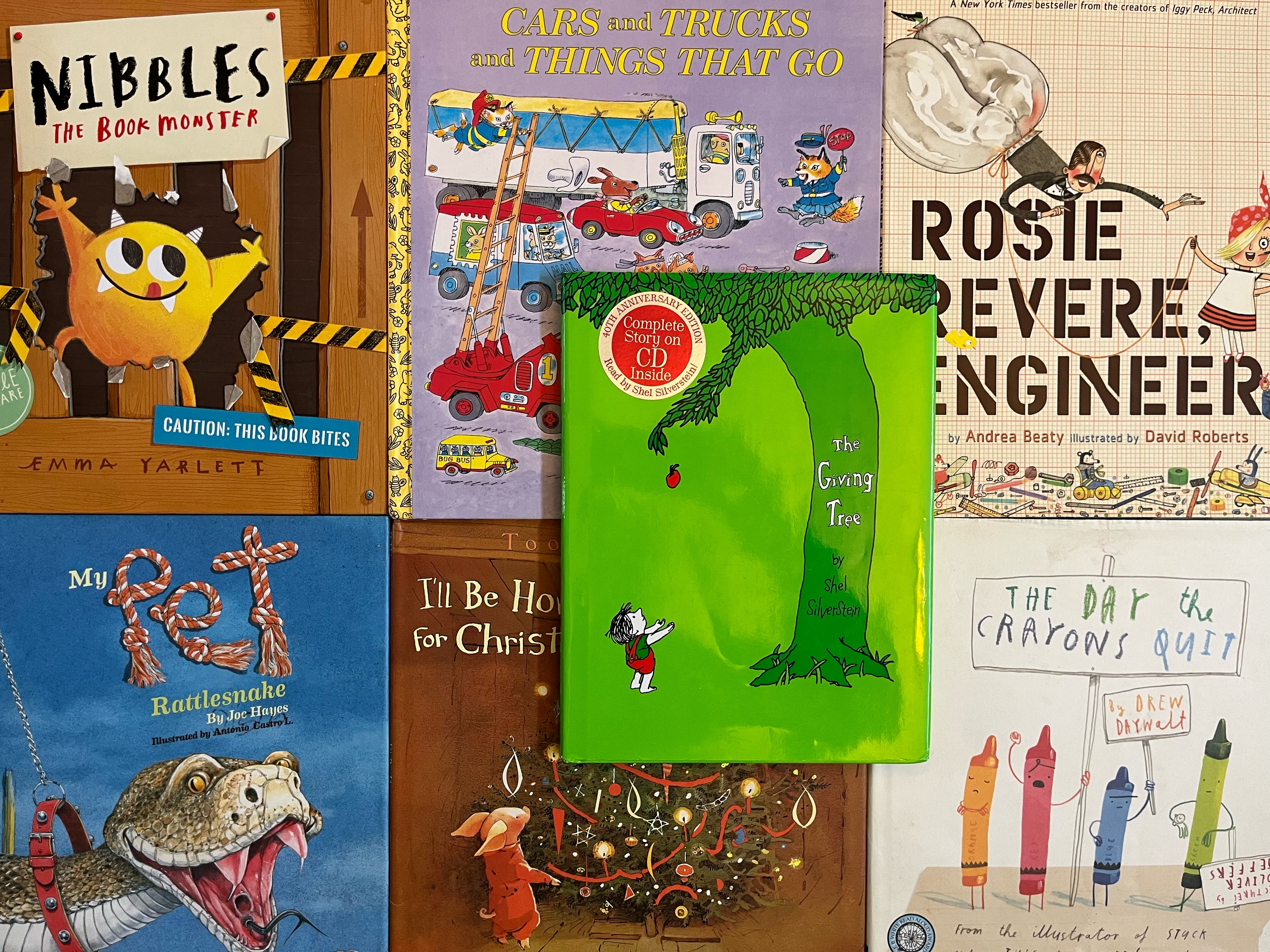 Nibbles the Book Monster, Cars and Trucks and Things That Go by Richard Scarry, Rosie Revere, Engineer, My Pet Rattlesnake, Toot & Puddle I'll Be Home for Christmas, The Day the Crayons Quit, and The Giving Tree by Shel Silverstein picture books for kids