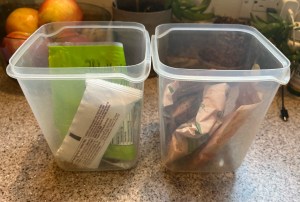 IKEA Pruta clear food storage containers holding oatmeal packets and snacks