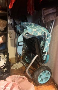 Trolley Dolly folding grocery shopping cart folded and tucked away in a small closet underneath hacket and next to shoes
