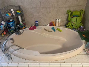 Garden bath tub with toys around edges